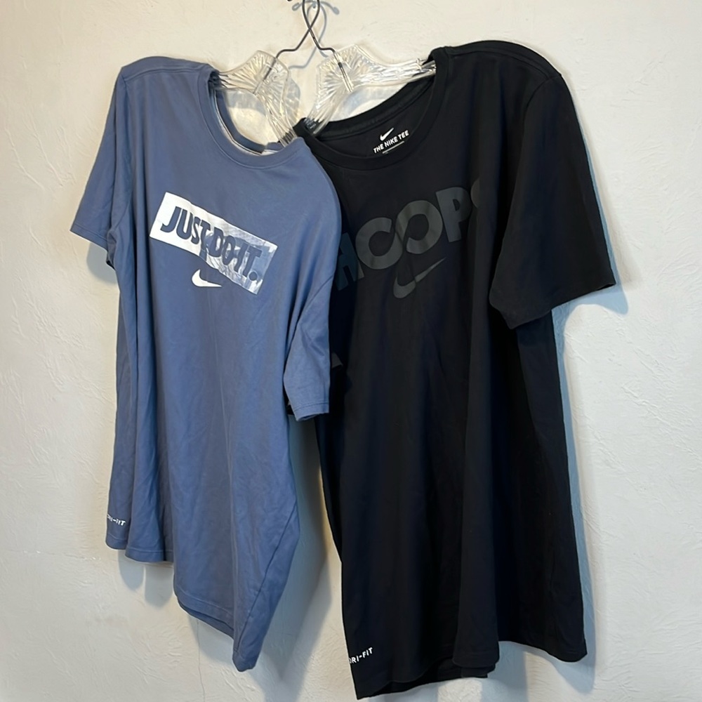 2 Nike Dri-Fit Athletic Cut Tees Short Sleeve Large- 1 Black,1 Blue Cotton Blend